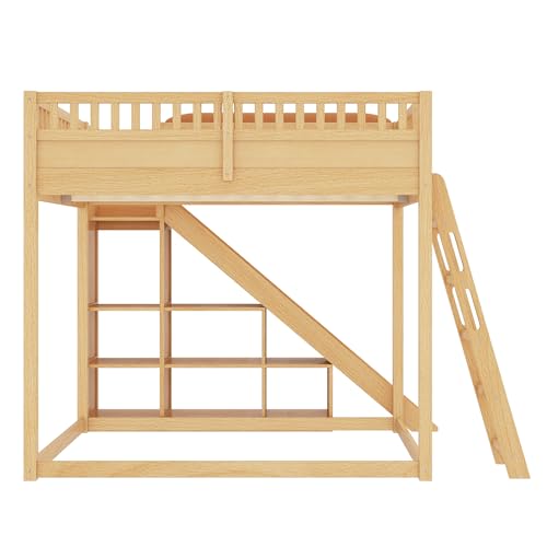 Image of Bellemave Bunk beds Full Over Full with Slide and Stair and upholstered headboard, Low bunk /loft Bed for Kids,Natural