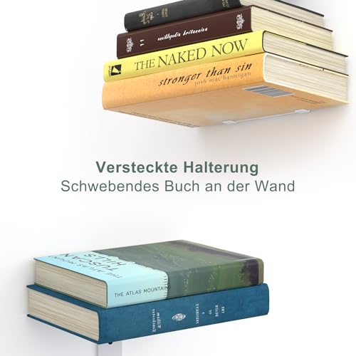 Mefirt Unsichtbare Bücherregale, 6 Stöckiger Vertikaler Bücherturm, Schwebendes Bücherregal für die Wand, Verstecktes Bücherregal aus Metall für das Schlafzimmer, Dekoration im Heimbüro, 3er Set, Weiß