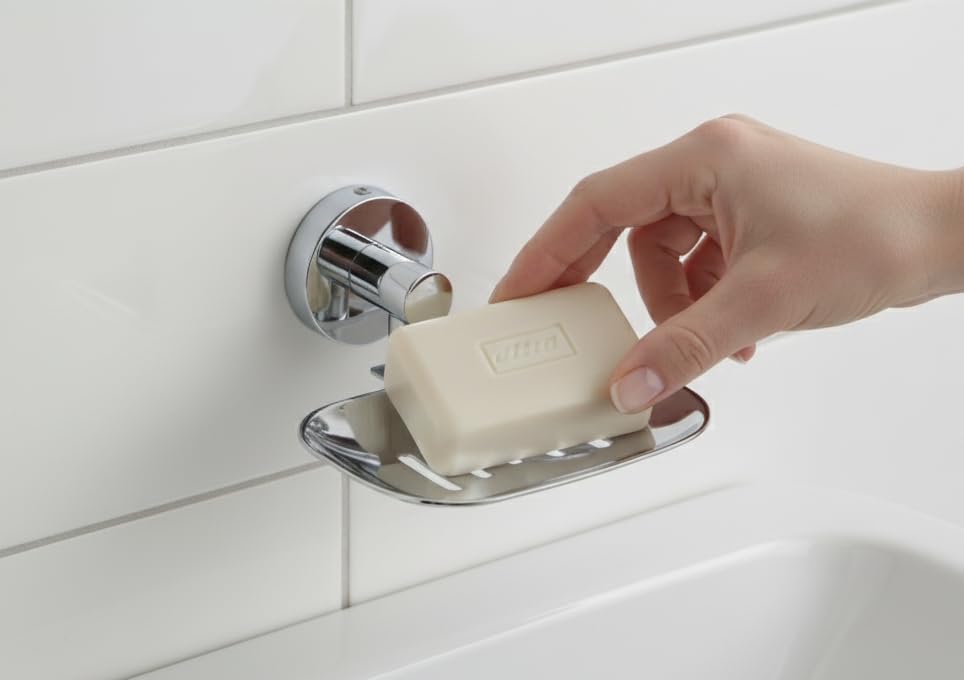 Image of EASYHOME FURNISH Stainless Steel Wall-Mounted Soap Dish with Drain Slots | Rustproof Chrome Finish Soap Holder for Bathroom, Kitchen & Shower Sink | Heavy-Duty Soap Case Bracket(Round-37 06)