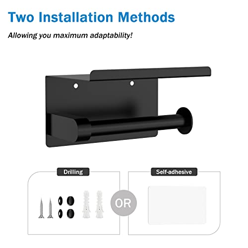 Toilet Paper Holder With Phone Shelf+ Two Adhesivetowel Robe Hooks, Self Adhesive Or Screw Wall Mounted Toilet Paper Roll Dispenser, Rustproof Bathroom Tissue Roll Holder With Shelf (Matte Black) #TOP3
