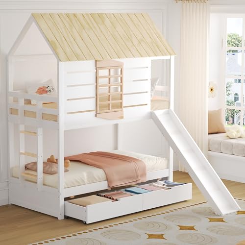 TOBIDOEN Etagenbett Hausbett 90x200 cm mit 2 Schubladen, Hausform mit Fenster, Kinderbett mit kindgerechter Rutsche & Leiter für 2 Kinder, Kiefernholz+MDF, Ohne Matratze, Weiß+Natur