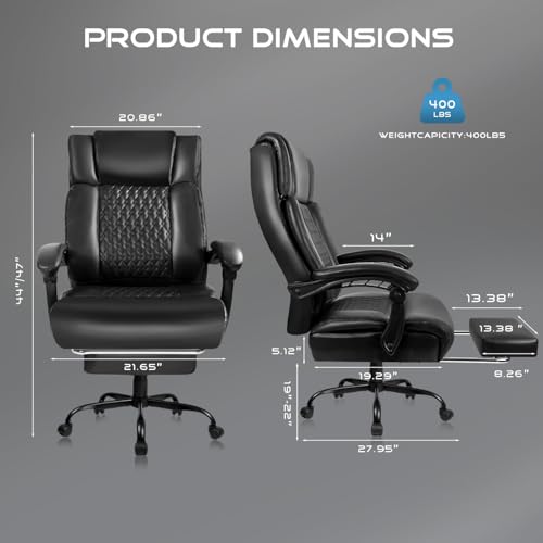 VITESSE Office Chair,Executive Heavy Duty Office Chair with Foot Rest Ergonomic High Back Computer Gaming Chairs Home Office 400lbs,Big and Tall Office Chair with Lumbar Support (Black) - Thumbnail 3