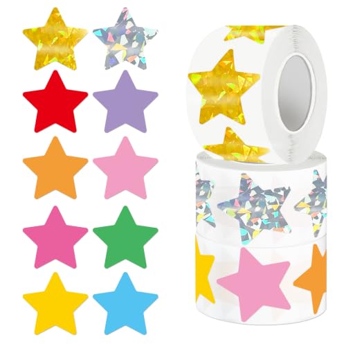 1500 PCS Holographic Star Stickers, 1.5 inch- 3 Rolls, Holographic Star Stickers- Metallic Glitter Foil Stickers Sparkly Reward Behavior Chart Labels for Students Teachers Supplies