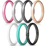 ThunderFit Women's Band Rings Thin and Stackable Silicone Rings Wedding Bands - 7 Pack (Women Silver, Black Glitter, Teal, White, Gun Metal, Pink Metal, Rose Gold, 4.5-5 (15.7mm))