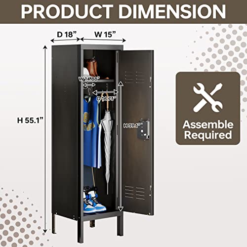 MIIIKO Metal Storage Locker Cabinet with 1 Door, 18“ Deep Lockers with Hanging Hooks, Clothes Locker for School, Bedroom, Home Office, Gym and Changing Room - Thumbnail 3