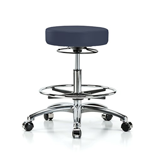 Image of Perch Chrome 360 Degree Height Adjustable Swivel Stool with Foot Ring | Medium Bench Height 20.5-28 inch | Imperial Blue Vinyl