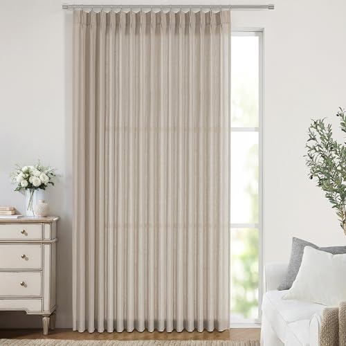 Image of Vision Home Sand Pinch Pleated Semi Sheer Curtains Textured Linen Blended Light Filtering Window Curtains 112 inch for Living Room Bedroom Patio Pinch Pleat Drapes with Hooks 1 Panel 84 inch Wx112 L