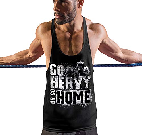 Stylotex Stringer Fitness Tank Top Go Heavy or Go Home Herren Gym Tshirts für Performance beim Training | Männer ärmellos | Funktionelle Sport Bekleidung, Größe:M, Farbe:schwarz