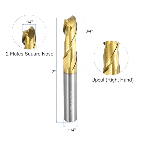QUARKZMAN Carbid Vierkantfräser, 1/4 Durchmesser ZrN-beschichtet 2 Schneiden Fräser, für Aluminium Kupfer Nichteisenmetalllegierung, 1/4 Schaft 3/4 Schneidlänge 2 Lang