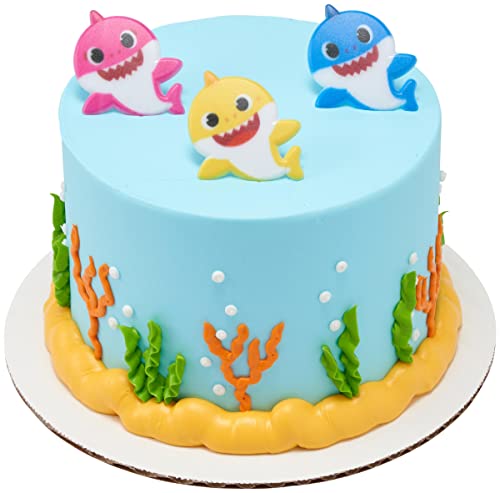 Decopac Baby Shark Rings, Cupcake Decorations Featuring Baby Shark, Mommy Shark, And Daddy Shark, Blue, Pink, And Yellow 3D Food Safe Cake Toppers – 24 Pack #TOP3