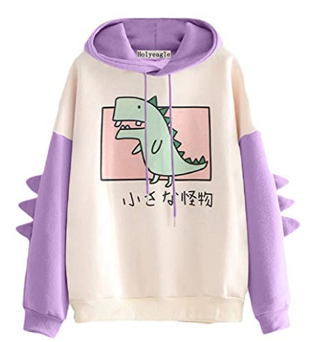 Dinosaurier-Kapuzenpullover für Damen, modisch, lässig, lange Ärmel, Cartoon-Pullover, niedliches Dinosaurier-Oberteil, K1-Violett, 42