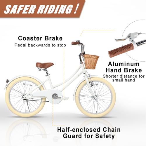 Glerc Little Molly 20 Inch Kids Bike, Retro Cruiser Girls Bike for Children Ages 7-13 Years Old, Kids Bicycle with Wicker Basket & Kickstand, White