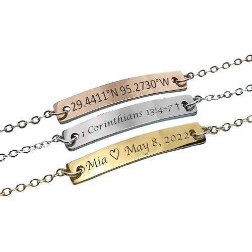 Personalized Name Bar Bracelet Engraved Coordinates & Dates Couples Jewelry Hand Crafted Stainless Steel Graduation, Sorority, Wedding Bridesmaid New Year's Eve jewelry gift idea