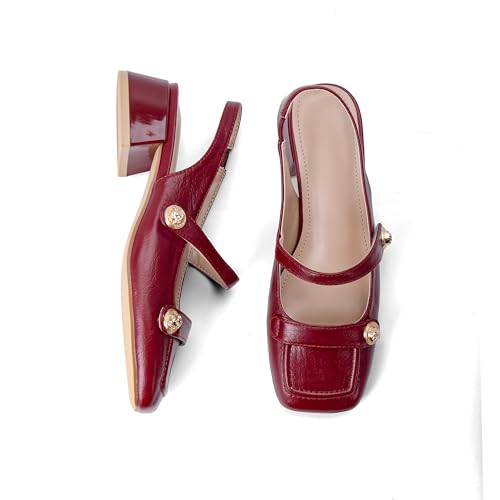 Image of Slingback Mary Jane Heels for Women Low Block Heel Closed Square Toe Pump Shoes Heels Classic Daily Office Dressy Shoes