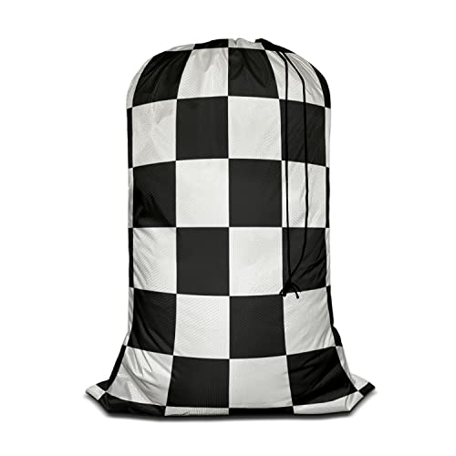 Swono Laundry Bag Drawstring Closure, Plaid Chess Board Black White Heavy Duty Laundry Portable for Home Dorm Room Essentials for Travel Camp, Oxford Cloth 28x40 Inch