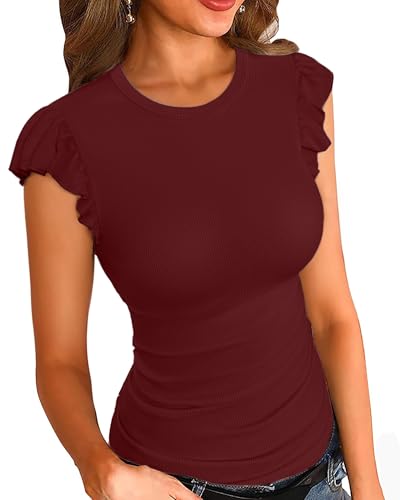 Image of VICHYIE Summer Womens Shirt Short Ruffle Sleeve V Neck /Round Neck Ribbed Casual Tshirt Fitted Tops Blouses