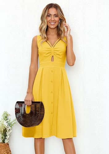 Image of ECOWISH Women 2026 Summer Dresses Tie Front V-Neck Spaghetti Strap Button Down A-Line Backless Swing Midi Dress