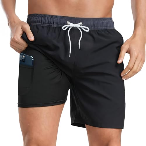 El Mejor Listado de Bañadores para Hombre de esta semana. 48 VIESS Traje de Baño Hombre Estampado Bañador Corto, Trajes de Baño de Playa de Secado Rápido con Forro de Mallas (MX/US, Alfa, Mediano, Regular, Regular, Negro 2 en 1)