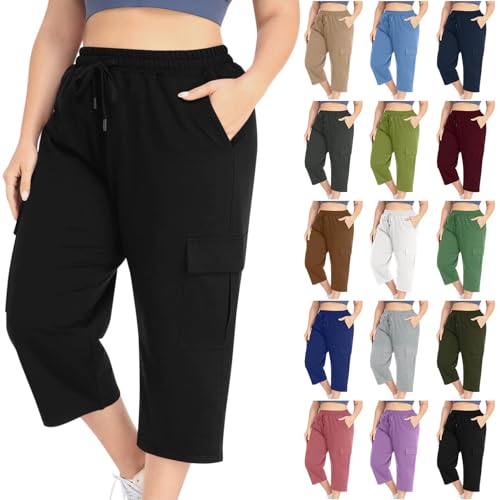 Plus Size Capri Pants for Women Stretch Cropped Cargo Pants Drawstring Elastic Waist Wide Leg Loose Comfy Joggers