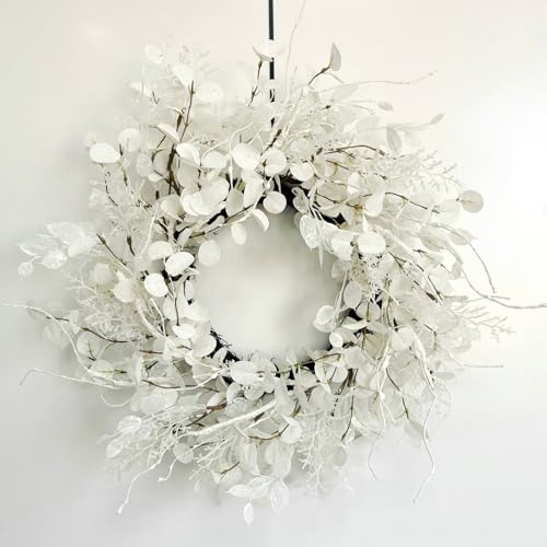22 Inch Winter Wreath with White Eucalyptus and White Branches