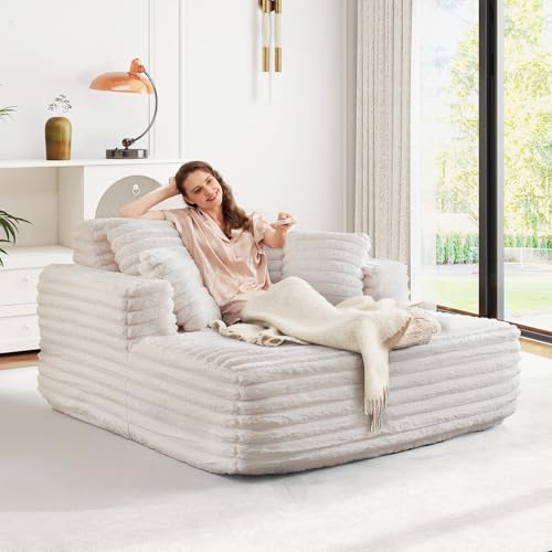 Image of JEEOHEY 56 inch Oversized Chaise Lounge Chair Indoor,Plush Faux Fur Sleeper Sofa Couch Bed with Pillows&Wide Armrests,Fluffy Comfy Cloud Couch,Compression Foam Couch for Living Room,Bedroom(Beige)