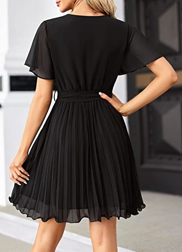 Maroway Women Casual Dresses V Neck Short Sleeve Belt Pleated Dress Cocktail Party Mini Dress Black Large #TOP2