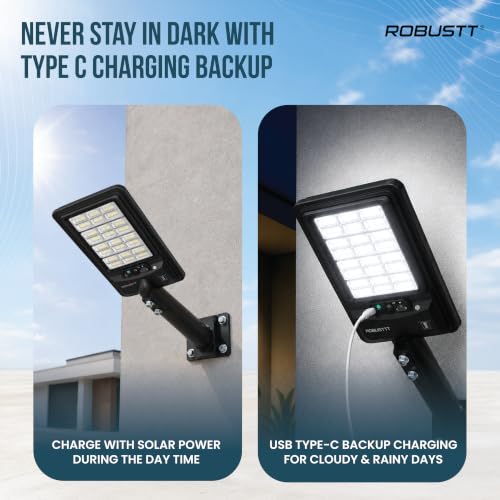 Image of Robustt Solar Light Outdoor for Home, Garden | 300W Wireless LED Street Night Lamp for Wall, pathway and Road with Pole | Solar + USB Type-C Charging | IPX5-Water Resistant |Cool White | 1 Yr Warranty