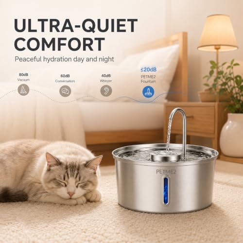 PETME2 Stainless Steel Cat Water Fountain 108oz/3.2L, Dog Water Fountain for Cats & Dogs Indoor, LED Light, Quiet Pump, Faucet & Bubbling Dual Flow Modes, 4-Layer Filter, Dishwasher Safe - image 6