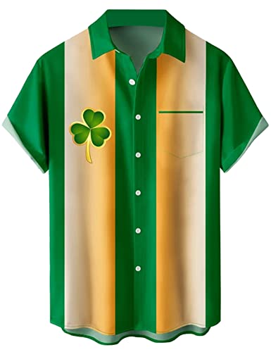 Men's Happy St. Patrick's Day Short Sleeve Shirt, Lucky Irish Shamrock Clover Dwarf Printed Hawaiian Button Shirts