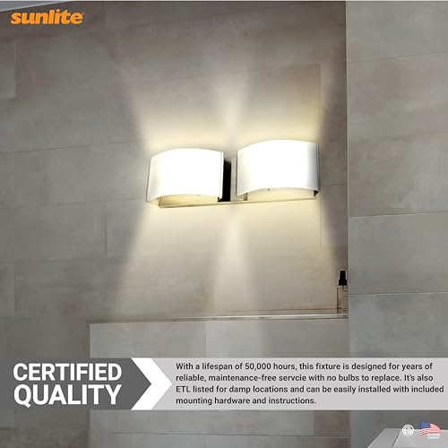 Image of Sunlite 82112 LED Decorative Vanity Light Fixture, 20 Watts, 1300 Lumens, Color Selectable 30K /40K /50K, 2 Lights, Dimmable, 90 CRI, ETL Listed, Brushed Nickel, for Bathroom, Powder Rooms, and Hotels