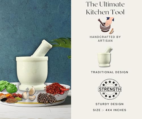 Image of B.R. & Sons Marble Mortar and Pestle Set | Stylish Imam Dasta, Ohkli Musal for Spices & Herbs - Available in Various Shapes & Colors (WHITE, 4x4 Inches)