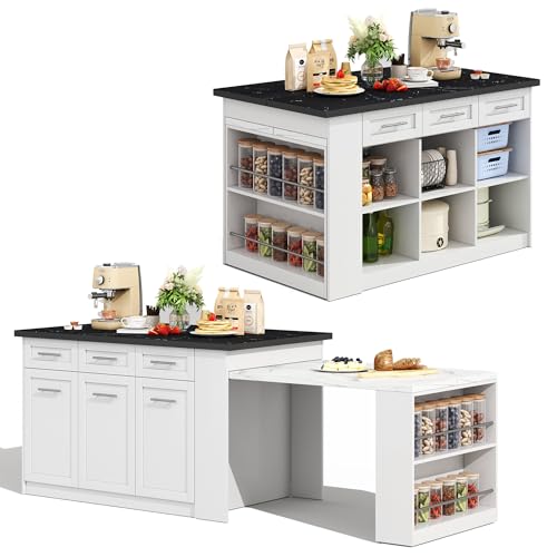 GLYYR îlot de Cuisine,Ilot Central Cuisine avec Plan de Travail Pliable, 3Tiroirs, 3 Portes avec...
