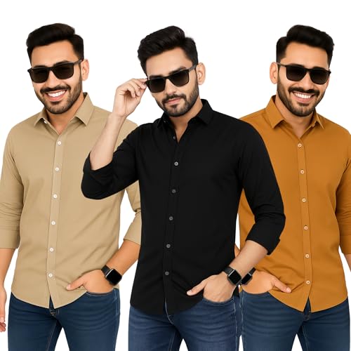 Image of Men's Polycotton Shirt Combo Pack of 3 | Regular Fit Casual & Formal Wear | Wrinkle Resistant | Soft & Breathable Shirt for Men