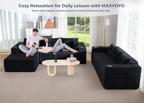 Image of MAXYOYO Modular Sectional Couch with L-Shape Chaise and Loveseat, Modern Boneless Couch for Living Room, Oversized Sofa with Deep Seat, No Assembly Required, Black