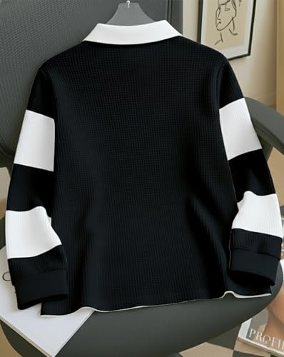 Image of Mens Stylish Half Zip Tshirt, Texture Striped Casual T-Shirt for Men, Formal Collared Neck Full Sleeves T-Shirt for Boys