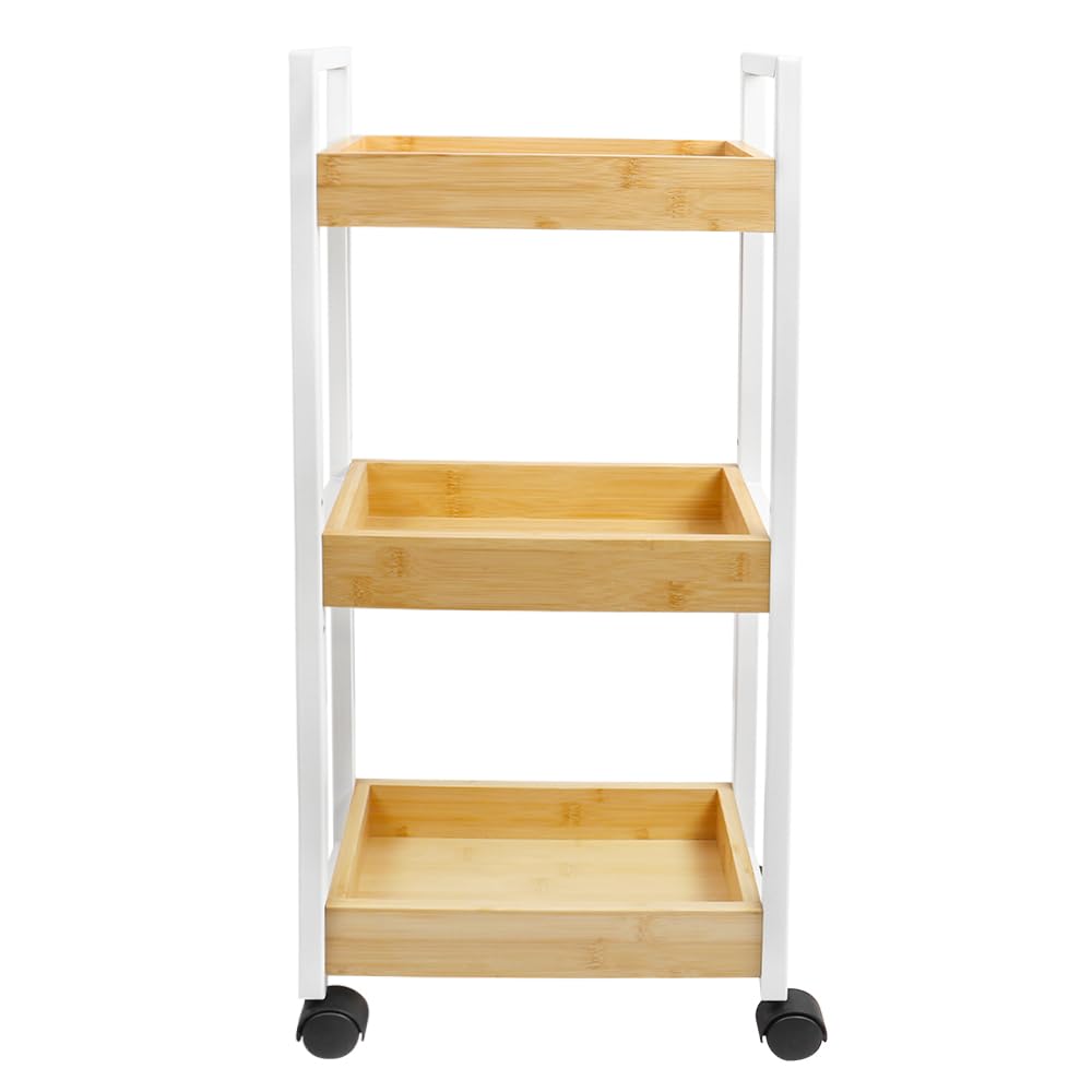 Étagère Mince de Salle de Bains, Chariot de Rangement à 3 Niveaux sur roulettes,Etagère en Bambou et Bois de Salle de Bain Étagère Debout 3 paniers dim. 30L x 20l x 80H cm-Blanc