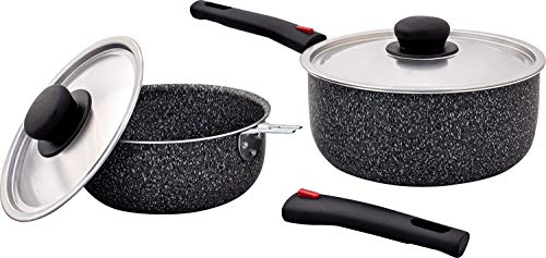 BERGER Stone Rock Aluminium Kasserollen Set 6-TLG. │ 2 Kochtöpfe mit Griff + Deckel stapelbar │ Camping Kochgeschirr für Küche Wohnwagen Topf Kochen Essen Topf Set Camping Topf Camping Topfset