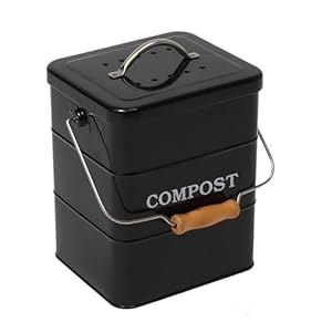 Compost Bin Kitchen Countertop Indoor Compost Pail Bucket, Great for Food Scraps, Carbon Steel, Handles, Black, 1 Gallon – Includes Charcoal Filter