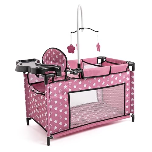 Bayer Design 62676AA letto per bambole multiplo con scomparto, seggiolone integrato, giostrina, accessori per bambola