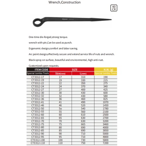 WEDO Single Open-Ended Spanner Impact Wrench 40 Chrome Vanadium Steel Open-End Spanner with Pin 60 Angled Open 27 mm Length 400 mm Spanner Black Corrosion Resistant - Image 2
