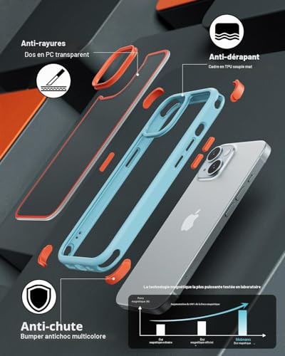 Coque iPhone 15 antichoc MagSafe housse de protection rigide bleu orange