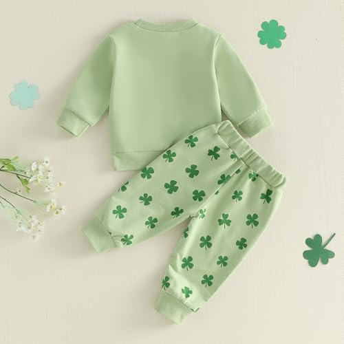 Image of Toddler Baby Boy Girl St Patricks Day Outfit Lucky Embroidery Waffle Long Sleeve Sweatshirt Pants Spring Clothes Set