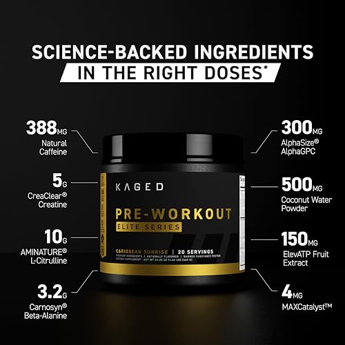Image of Kaged Pre Workout Powder Pre-Workout Elite for Men & Women | High Stimulant for Energy, Focus, Pumps | L-Citrulline, Beta Alanine, Creatine & 388mg of Natural Caffeine | Caribbean Sunrise