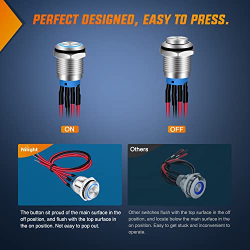 Image of Nilight 12mm 12V Latching Push Button Switch Pre-Wired LED 5 Pack Kit | IP67 waterproof SPDT latching design with LED indicator, 12mm mounting, and 8 inch pigtail wires for easy setup
