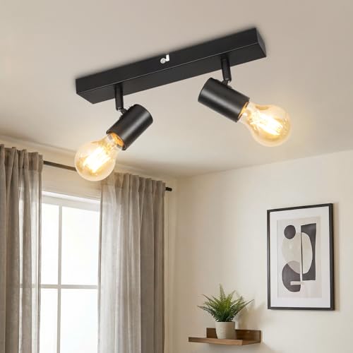 Kimjo Luminaire Plafonnier LED 2 Spots Orientables, Moderne Rampe Spots de plafond Noir, E27 Plafonnier/Applique Murale Intérieure pour Salon Chambre Cuisine...