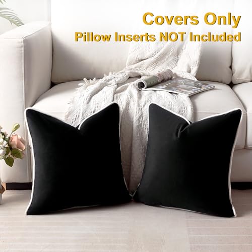 Housse de coussin en velours noir 45x45 cm avec bords blancs | Lot de 2