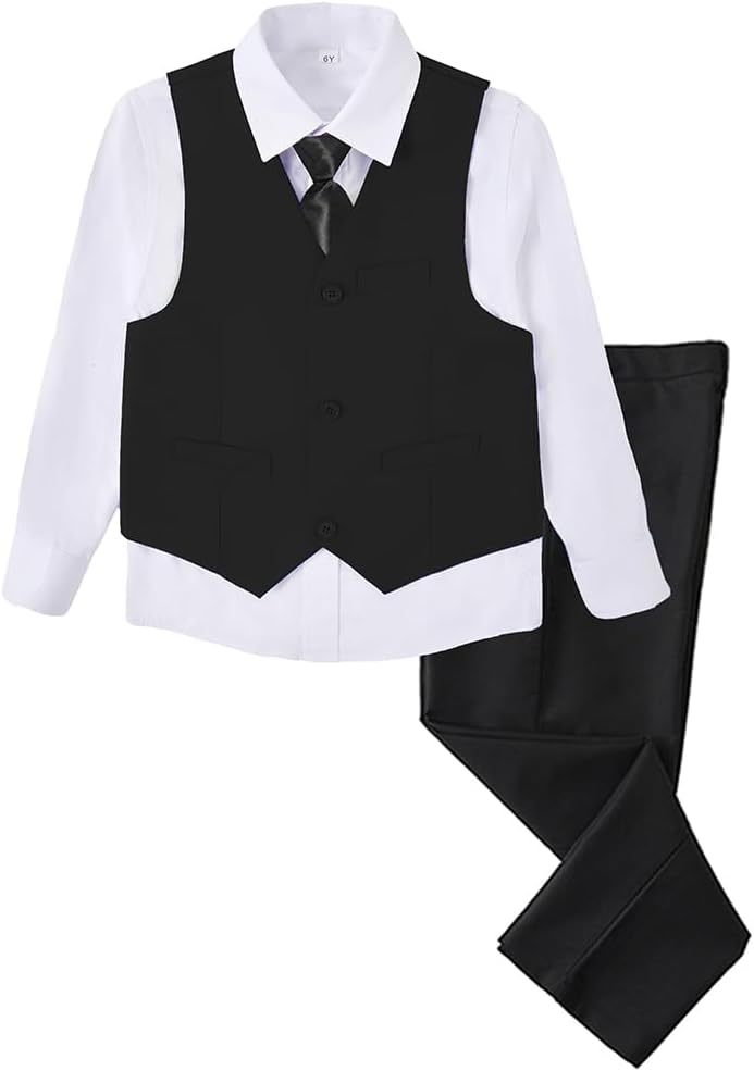 Boys 4 Pieces Suits Slim Fit Kids Outfits Vest Pants Sets Black Blue Formal Dresswear for Boy