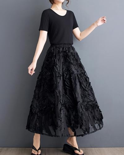 ellazhu Women's Skirt Pleated Loose Tulle A-line Summer GZ206 A3