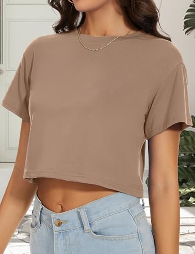 Image of Womens Summer Crop Tops Short Sleeve Round Neck T-Shirts Loose Fit Casual Blouse 2026