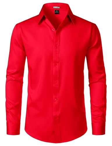 La mejor comparación de Camisas casual para Hombre disponible en línea. 43 ZEROYAA - Camisa de vestir de manga larga para hombre, sin arrugas, casual, moderna, ajustada, con botones, para boda y oficina, Rojo -, Large